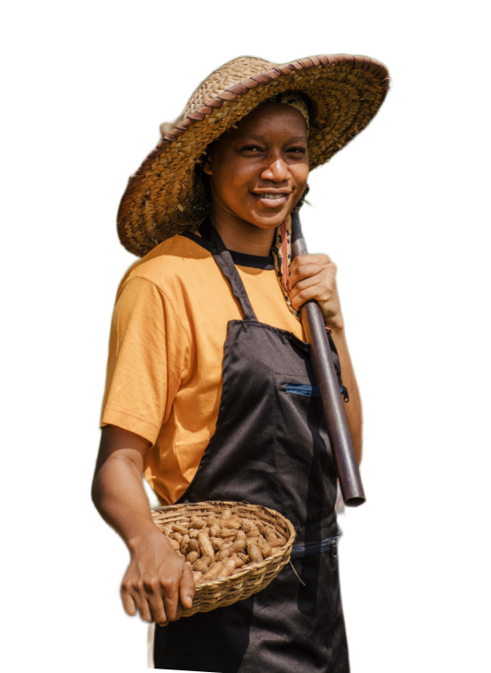 A woman holding a basket of produce